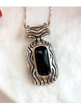 Black Onyx Stone Wavy Ribbon Sterling Silver 925 Vintage Pendant Necklace - 20"